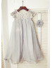 Silver Gray Lace Chiffon Knee Length Flower Girl Dress
